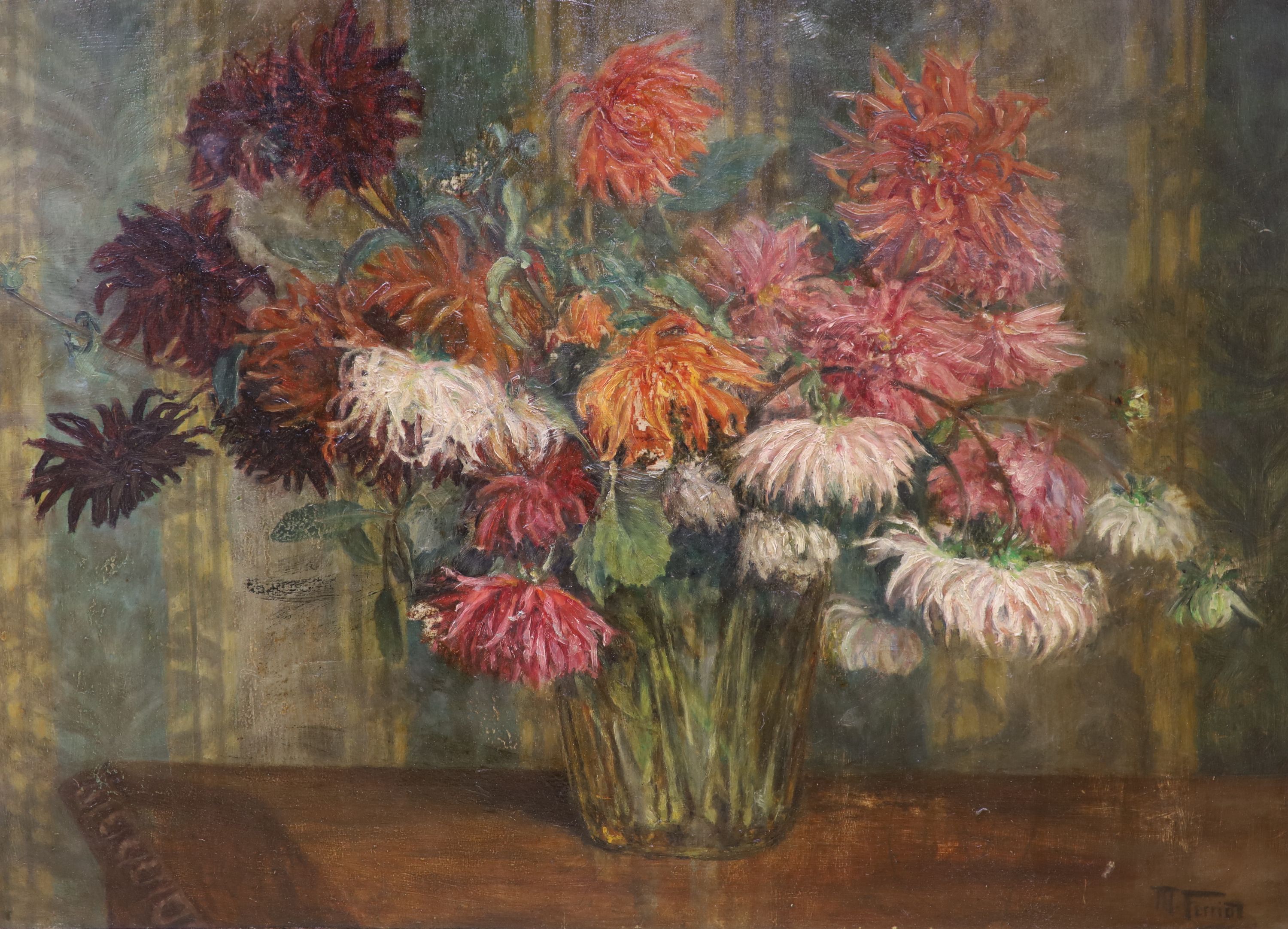 Early 20th century continental school, a still life study of dahlias, oil on board, signed lower right, 52 x 75 cm.